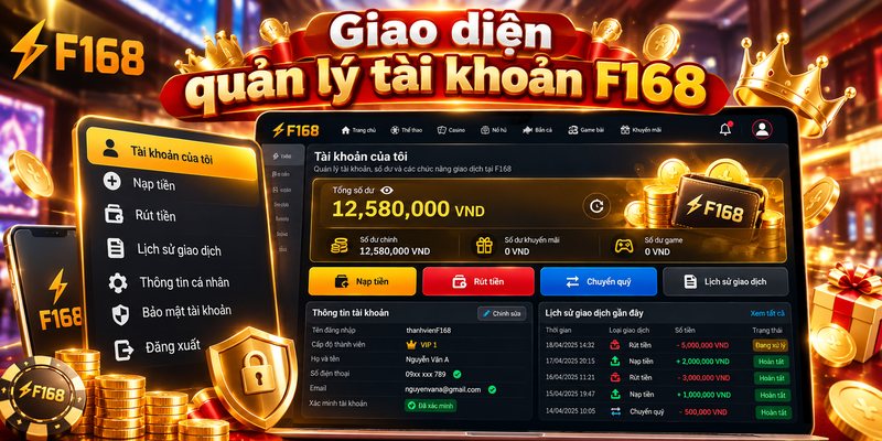 Giao diện quản lý tài khoản F168 với khu vực số dư và chức năng giao dịch.