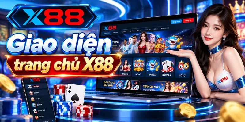 Giao diện trang chủ X88 với bố cục trực quan, hỗ trợ người dùng tìm hiểu thương hiệu và các danh mục dịch vụ.